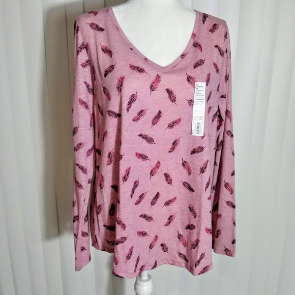 *SONOMA WOMEN'S TEE TOP LONG SLEEVE, PINK W/ FEATHERS - Picture 2 of 7